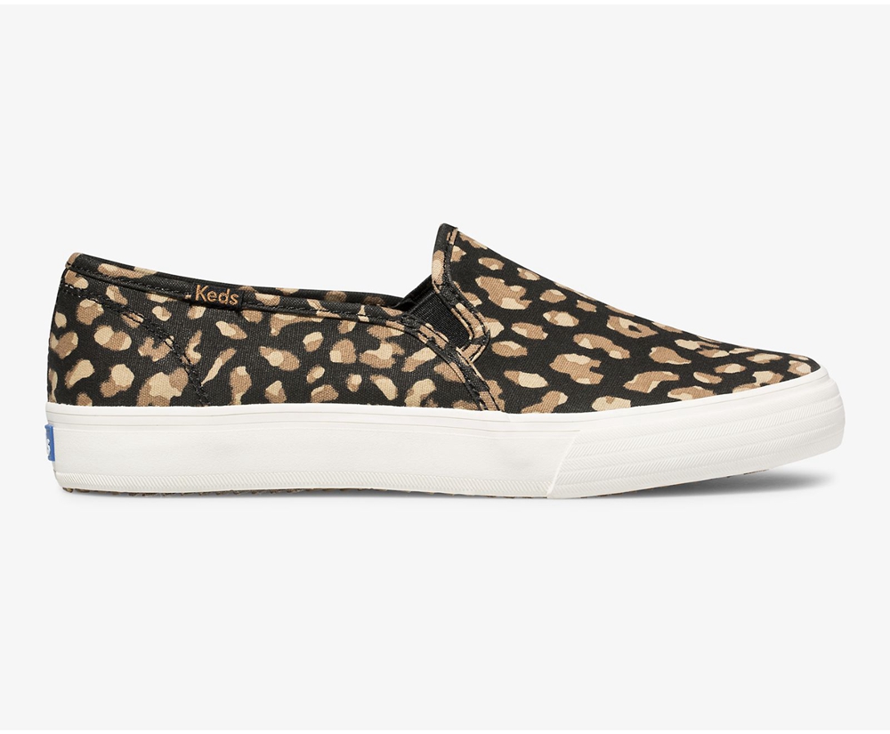 Slip Ons Keds Mujer Negros/Leopardo - Washable Double Decker Animal - 8705-ZQMKS